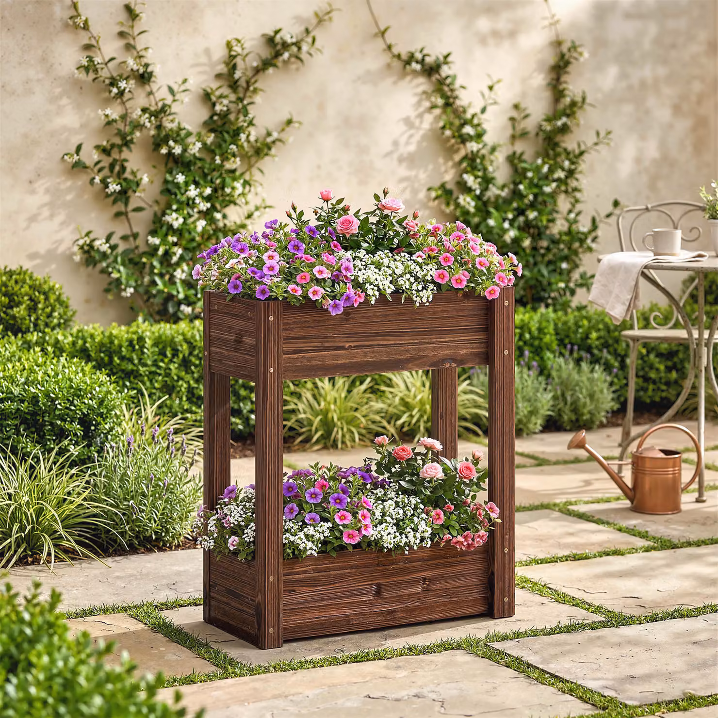 Outsunny 2-Tier Wooden Raised Planter in Brown with Bed Liner and Drainage Holes, W/D/H: 70 x 60 x 25 cm – 7