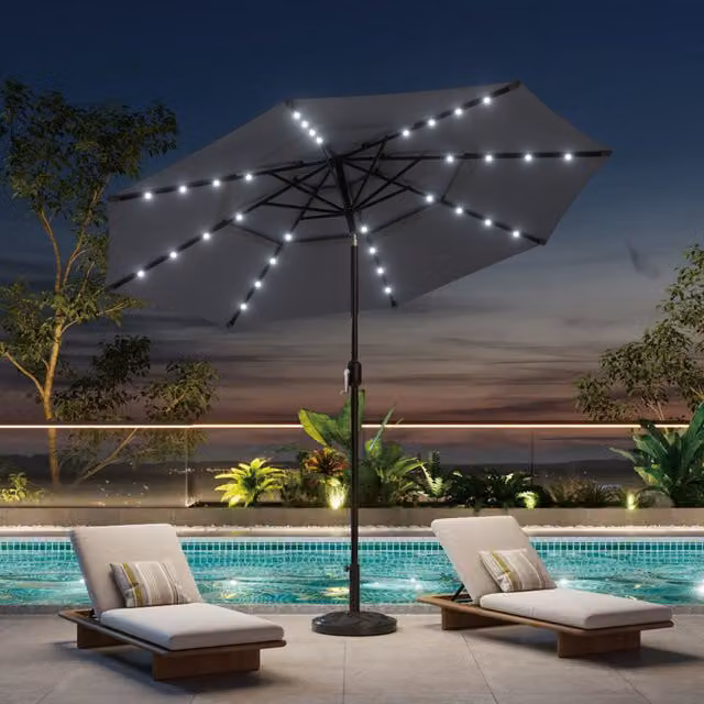 Breeins 3 Tier Lighted Umbrella with Geometric Concrete Base in Dark Grey