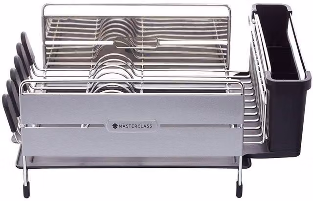 MasterClass Deluxe Stainless Steel Dish Drainer with Cutlery Holder, Cup Holder and Drip Tray in Grey – 1