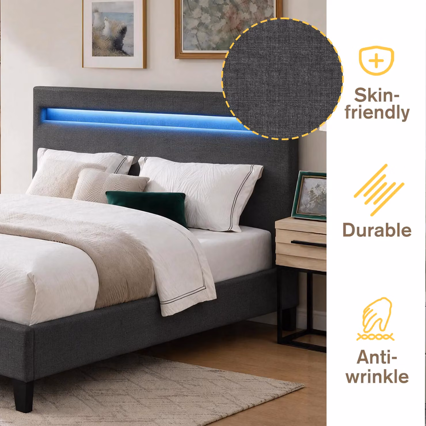 Comfy Living Ltd Modern Hopsack Fabric Upholstered Bedframe with LED Under-Bed Lighting in Grey, W/D/H: 120 x 200 cm – 4