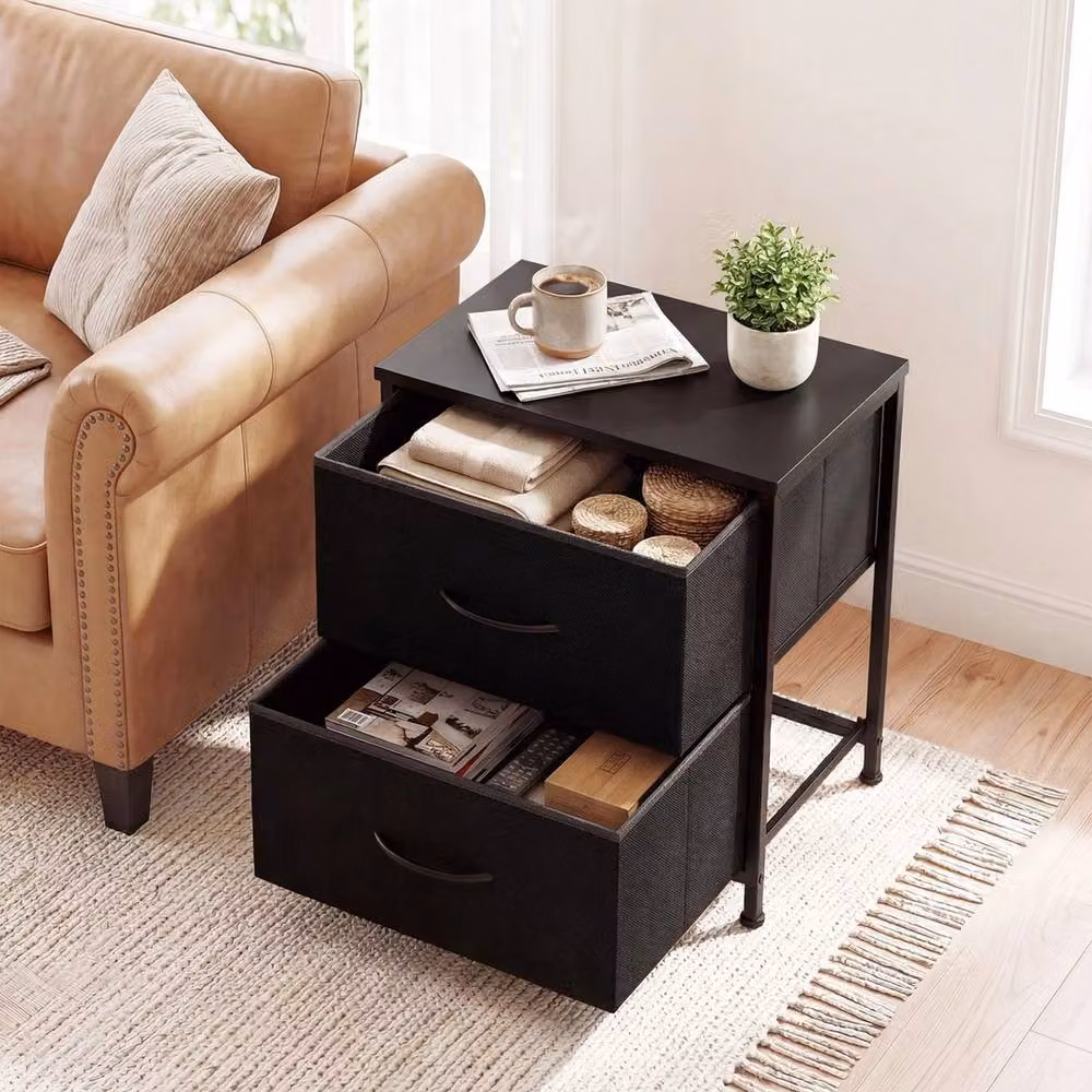 FORGEVIO Modern Black Metal End Table with 2 Fabric Drawers – 3