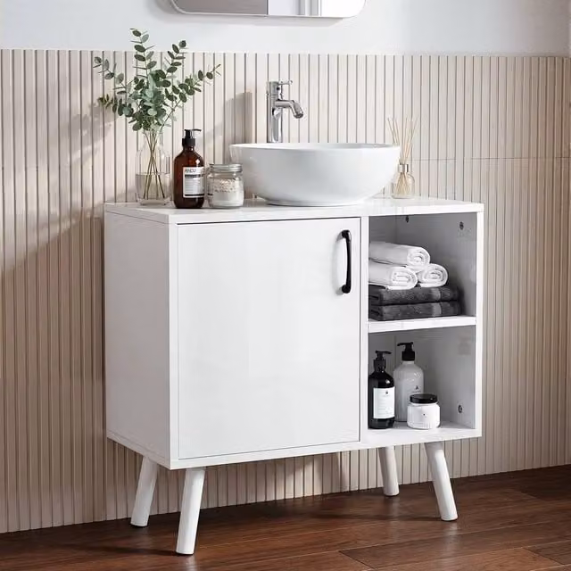 SPETLEK White Modern Freestanding Under Sink Bathroom Storage Cabinet with Hinged Doors and Internal Shelves – 1
