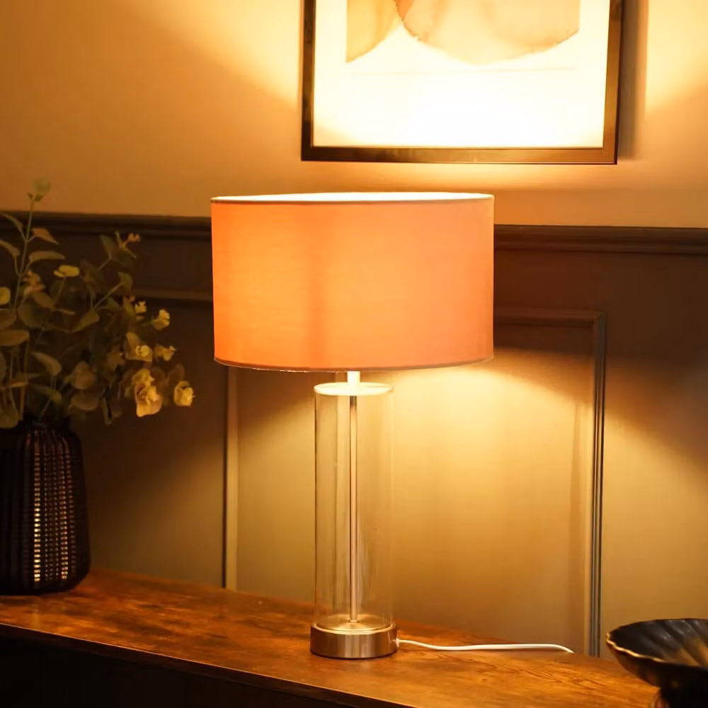 ValueLights Balan Glass and Brushed Chrome Table Lamp with Blush Pink Velvet Drum Shade and LED Bulb – 4