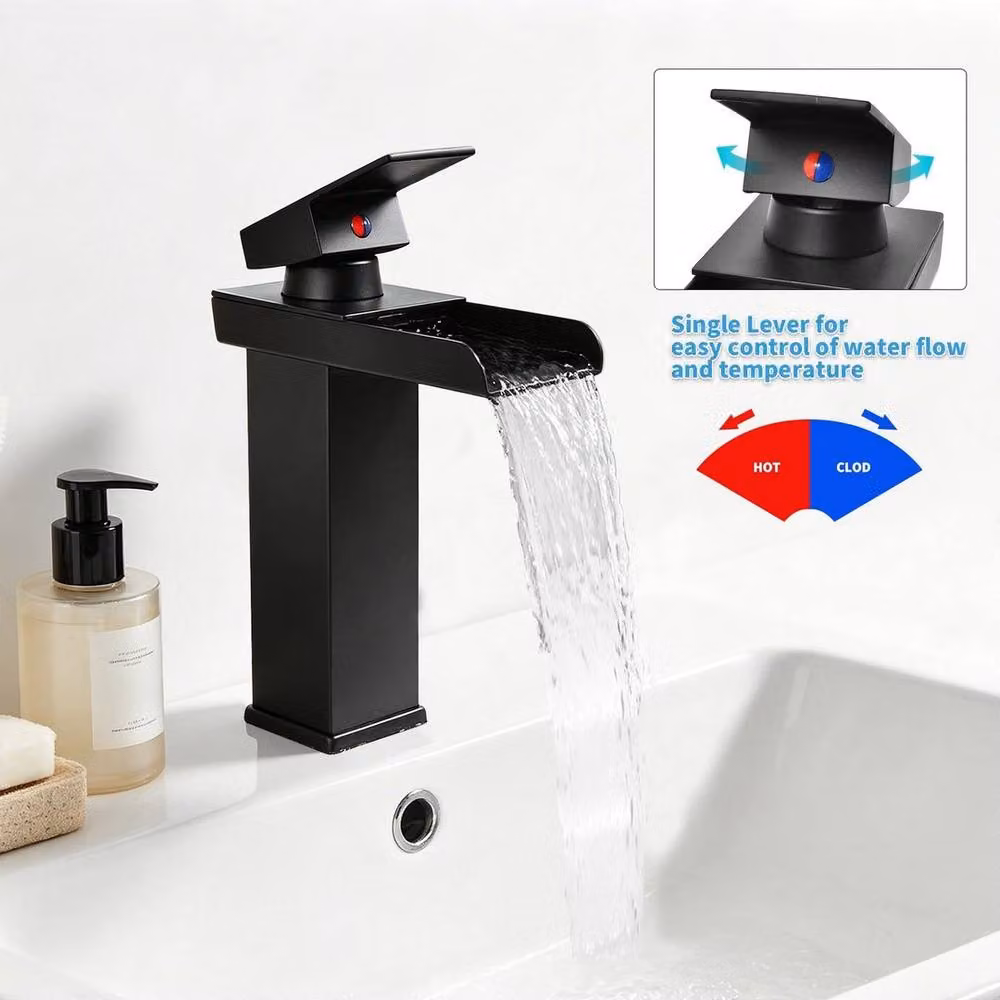 Kelvenix Matt Black Square Waterfall Cloakroom Basin Mixer Tap with Pop Up Waste – 3
