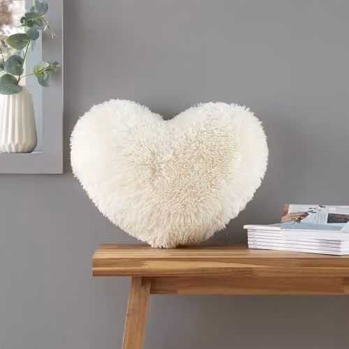 Catherine Lansfield Cuddly Faux Fur Heart Shaped Cushion in Cream