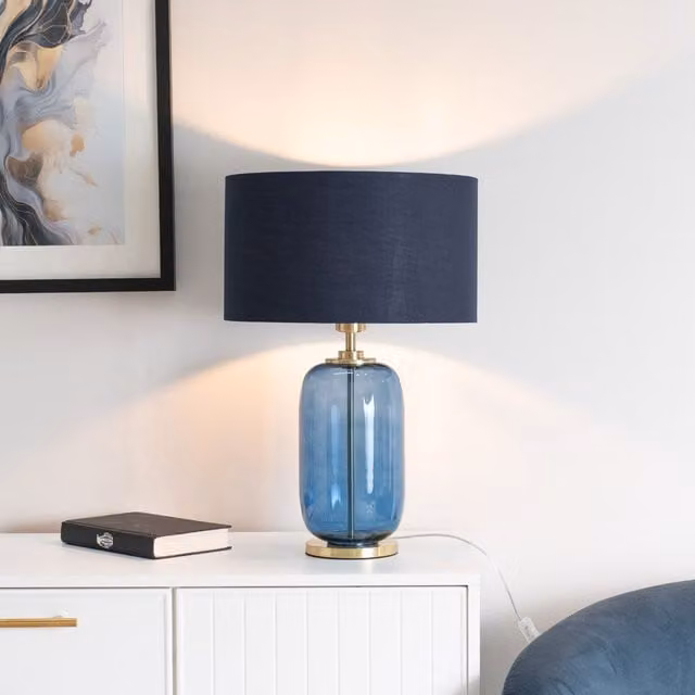 ValueLights Leigh Table Lamp with Navy Blue Glass, Gold Trim and Black Fabric Drum Shade – 1
