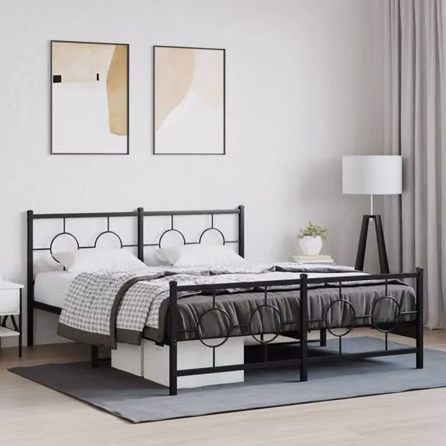 Berkfield Home Metal Bed Frame with Footboard, Black, W: 150 cm, D: 200 cm
