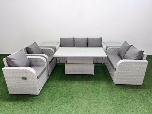 Fimous Grey PE Rattan Garden Furniture Set with Reclining Chairs, Double Love Seat, and Adjustable Table