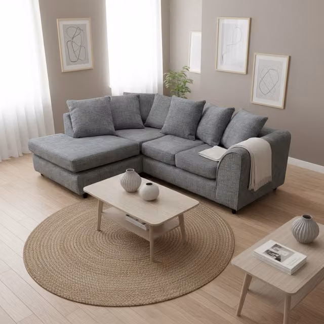 Abakus Direct Jumbo Left-Hand Corner Sofa in Dark Grey Soft Chenille with Plush Chaise Extension and Scatter Cushions