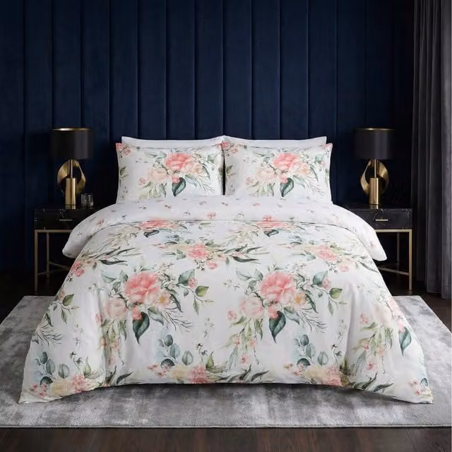 Rapport Home Floral Microfibre Reversible Duvet Cover Set in White, Pink and Green, 200 x 220 cm
