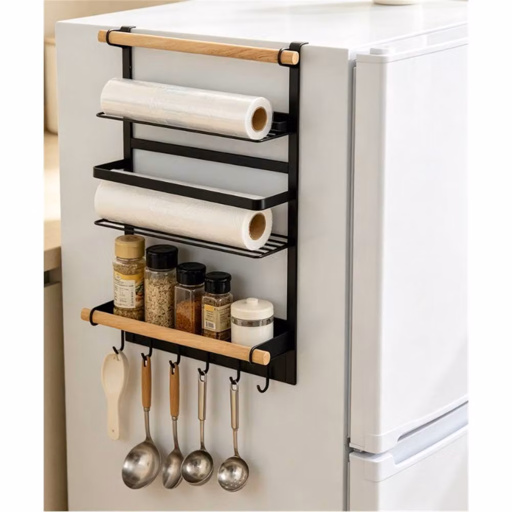 FLAVORA Black Magnetic Metal Fridge Storage Rack with Hooks – 4
