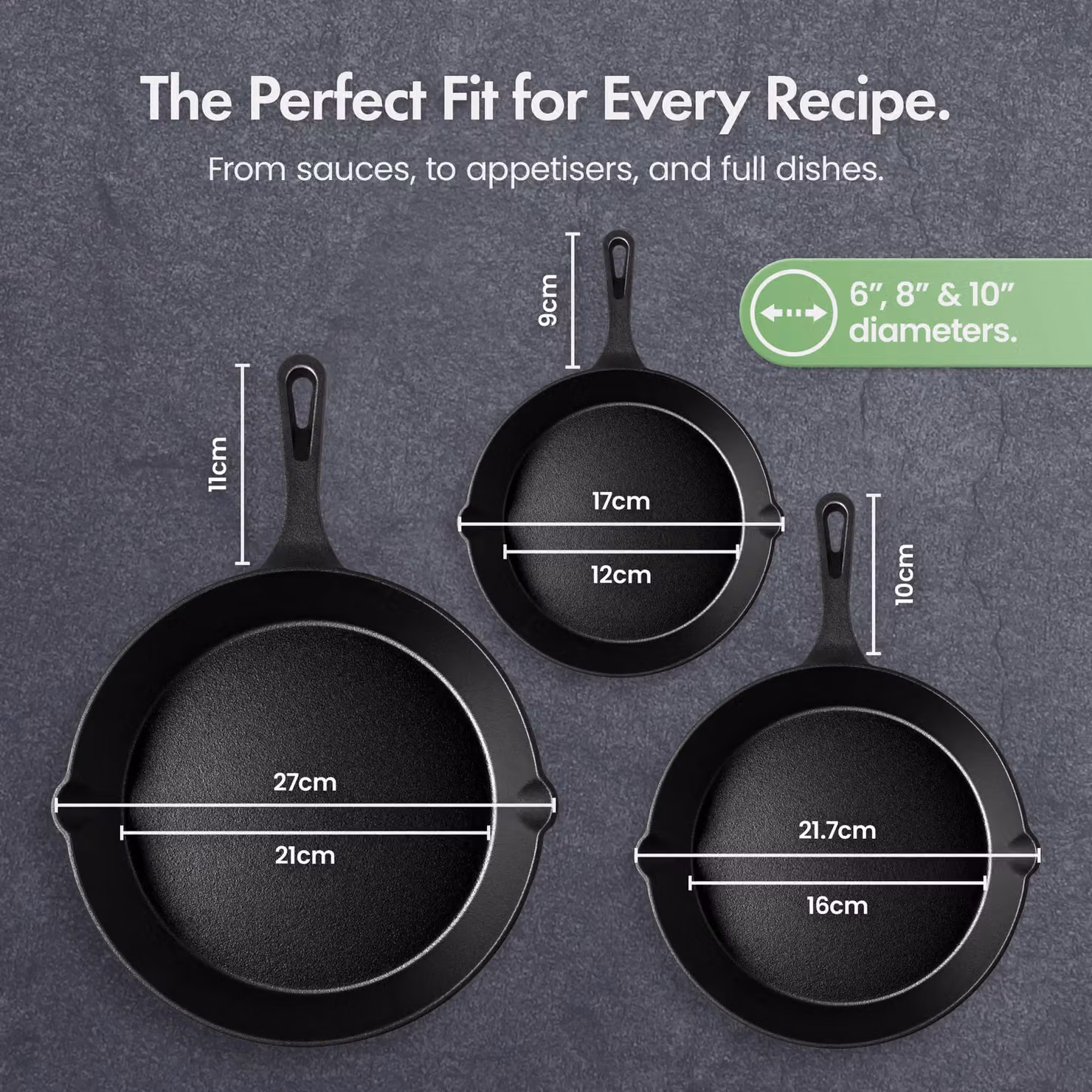 VonShef 3-Piece Pre-Seasoned Non-Stick Cast Iron Skillet Pan Set in Black, Diameter: 15 cm, 20 cm, 25 cm – 2