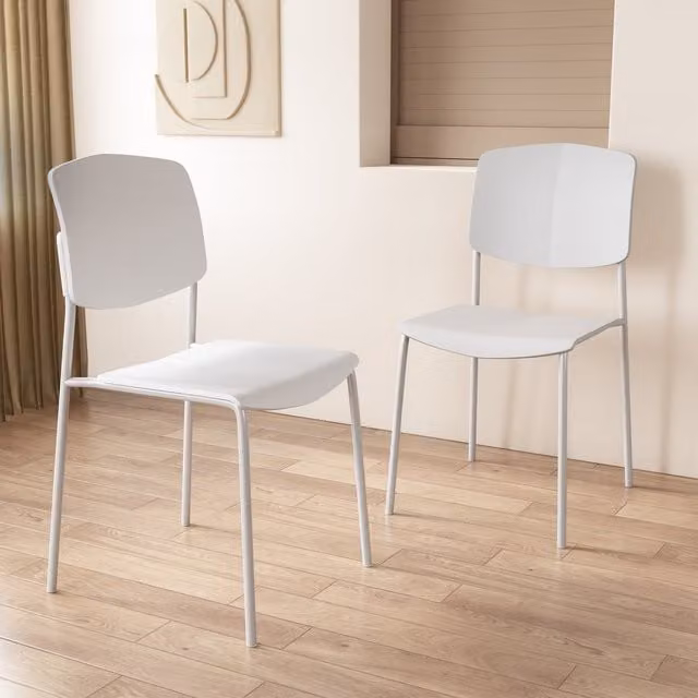Pair of Academy White Kitchen and Dining Chairs with Plastic Seats and Metal Legs