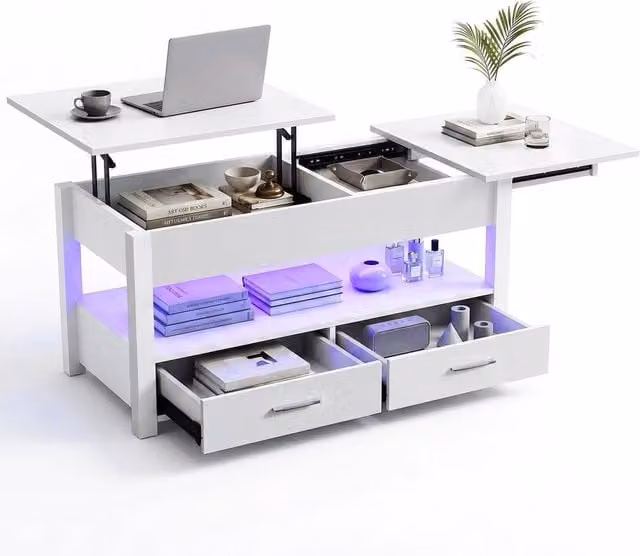 KORVIXA White LED Lift Top Coffee Table with Drawers and Metal Accents, Width: 100 cm – 1