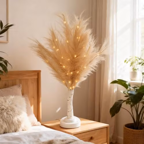 Shatchi 2-Piece Champagne Feather Tree Table Lamp with Warm White LEDs, Beige, Height: 70 cm – 4