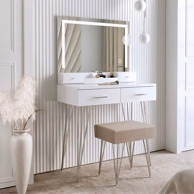 Carme White Glossy Dressing Table with Hollywood LED Mirror