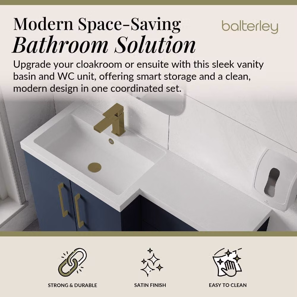 Balterley Modern Blue Left-Hand Vanity and WC Unit Combination with Brushed Brass Details, W: 110 cm, H: 84 cm – 2