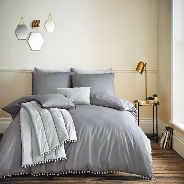 Smart Living Premium Polycotton Pom Pom Duvet Cover and Pillowcases in Charcoal Grey, W/D/H: 200 x 200 cm with Pillowcases 50 x 75 cm
