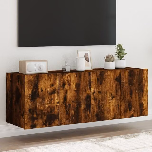 Berkfield Home Set of 2 Modern Wall Mounted TV Cabinets with Integrated LED Lights in Smoked Oak Brown, W/D/H: 60 x 35 x 41 cm