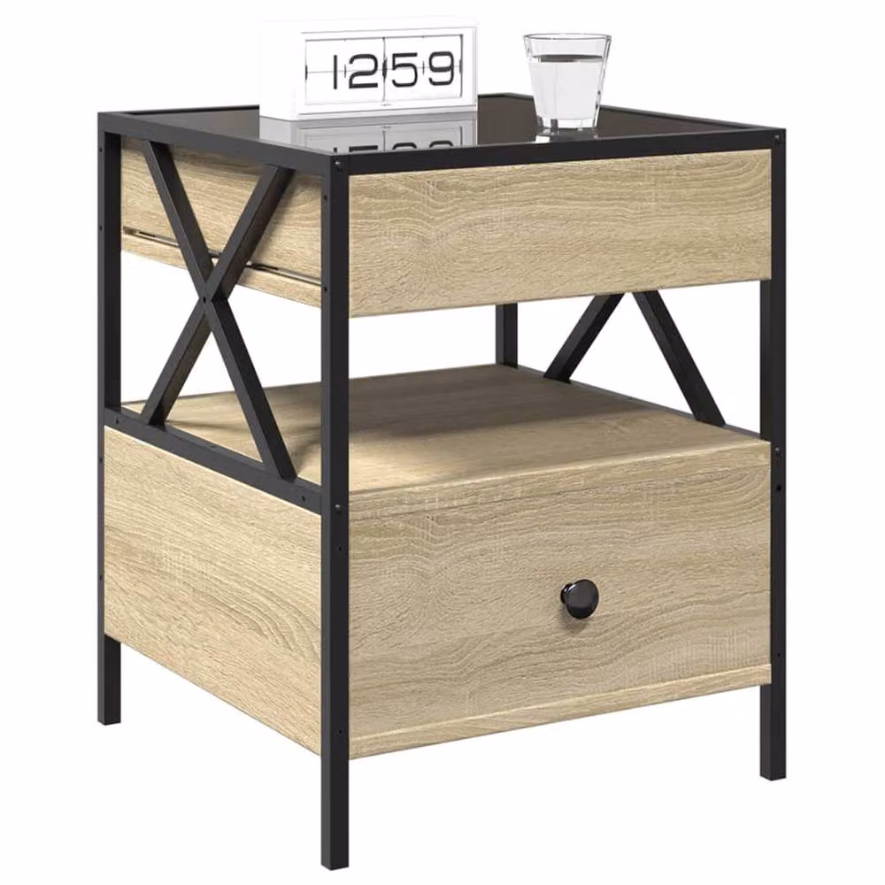 Berkfield Home Infinity LED Bedside Table in Sonoma Oak and Brown with Mirror Top, W/D/H: 40 x 40 x 51 cm – 3