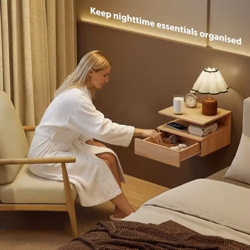 HOMCOM Set of 2 Floating Bedside Tables in Brown, Wall Mounted Nightstands with Storage Drawer and Open Shelf – 3