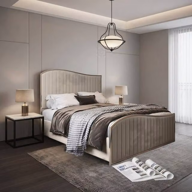 KDMD Idbury Super King Upholstered Velvet Designer Bed Frame in Beige and Cream with Metal Details