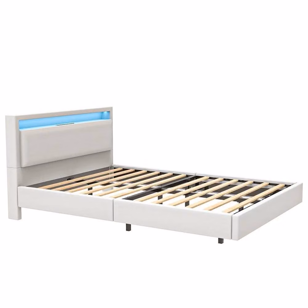 SPETLEK White Upholstered Floating Double Bed Frame with Under-Bed Lighting and Side Compartments, 140 x 200 cm – 2