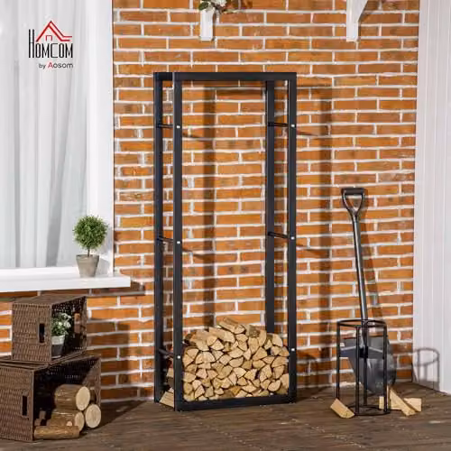 HOMCOM Metal Firewood Log Holder, Black, W/D/H: 60 x 25 x 150 cm – 2