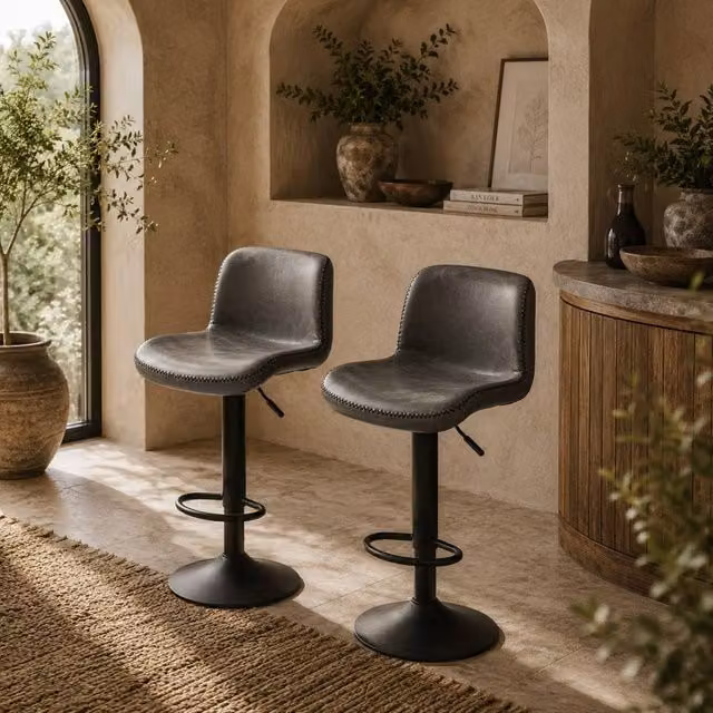 Wyld Haus Moretta Set of 2 Grey PU Leather Bar Stools with Backrest and Footrest