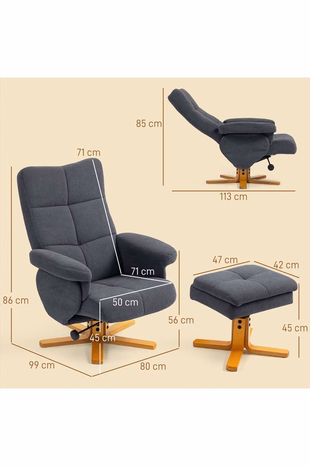 ERGOVEXA Grey Linen-Look Recliner with Matching Storage Ottoman – 2
