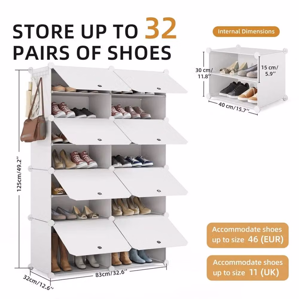 KORVIXA White 8 Piece Portable Plastic Shoe Cabinet with Hinged Doors, W: 100 cm, H: 125 cm, D: 2 cm – 2