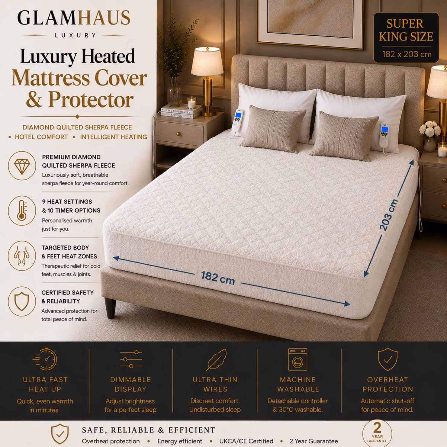 Glamhaus Super King Sherpa Fleece Electric Blanket in White with 9 Heat and 10 Timer Settings – 2