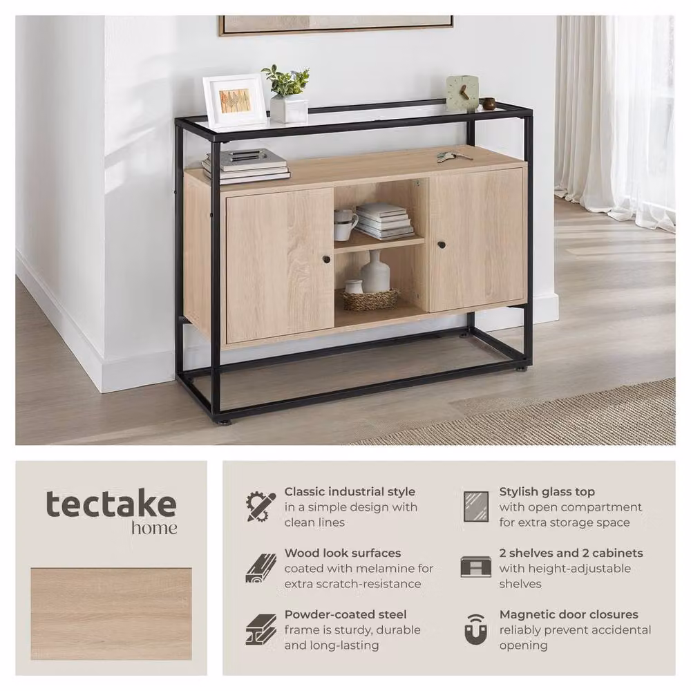 tectake Oldham Sideboard in Light Oak with Glass Top, Open Shelves and 2 Storage Compartments – 2