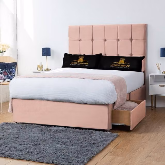 UK Bed Furniture Florence Super King Divan Bed with 4 Drawers and 26 Inch Headboard in Pink Velvet