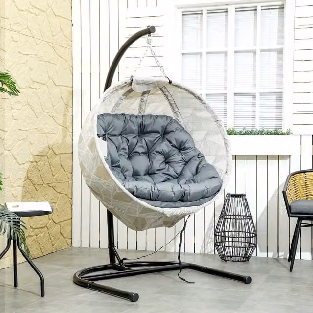 Outsunny Hanging Egg Swing Chair with Folding Basket in Grey