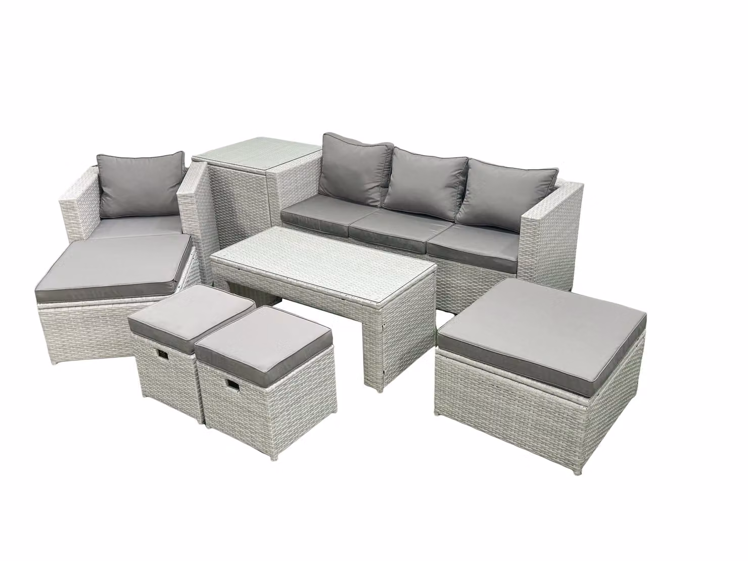 Fimous 8 Seater Rattan Garden Furniture Set in Light Grey with L-Shape Sofa, Coffee Table and Ottomans – 2
