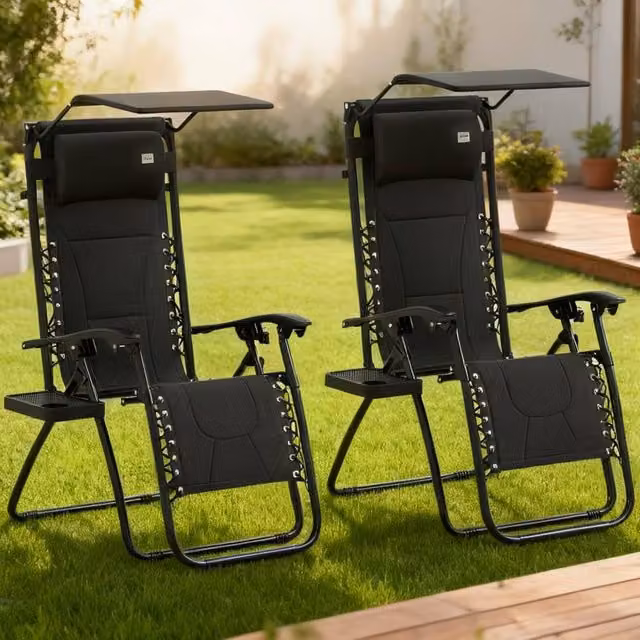 ERGOVEXA Set of 2 Zero Gravity Lounger Chairs in Black with Sun Canopy, Adjustable Headrest and Side Tray