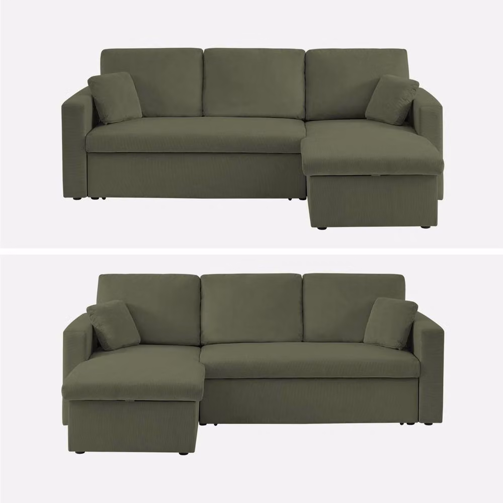 Sweekeek 3-Seater Corduroy Corner Sofa Bed in Khaki Green with Reversible L-Shape Design and Pull-Out Drawer – 3