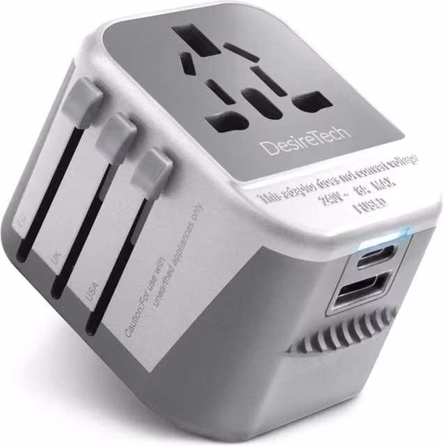 DESIRETECH 4-in-1 Travel Adaptor 2-Pack with USB-A and USB-C in White and Grey