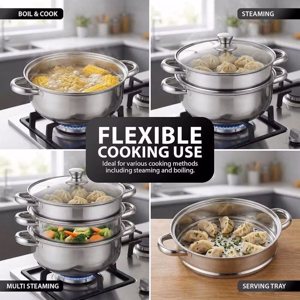 Kelvenix 5 Tier Stainless Steel Steamer Pot with Glass Lid in Silver – 3