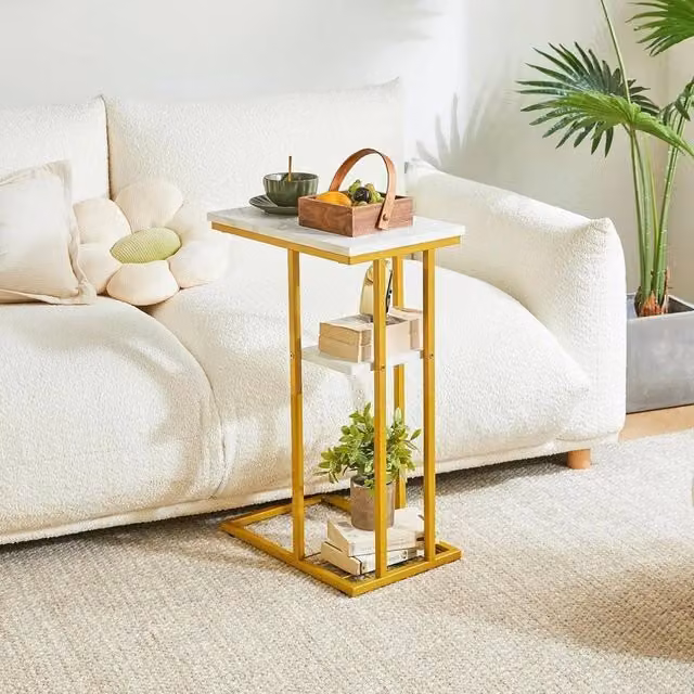 FORGEVIO C Shaped Side Table with Marble Top and Gold Metal Sled Base