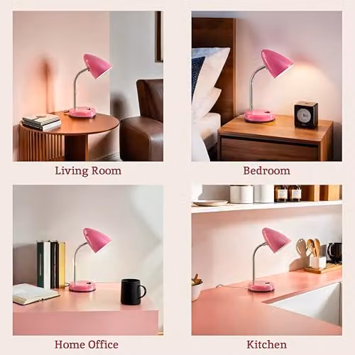 Orsina Adjustable Metal Desk Lamp in Pink with Chrome Details for Reading and Task Lighting – 4