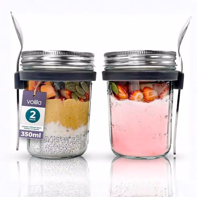 volila Airtight and Leakproof Glass Overnight Oats Jars with Lids, 350 ml, Clear – 1