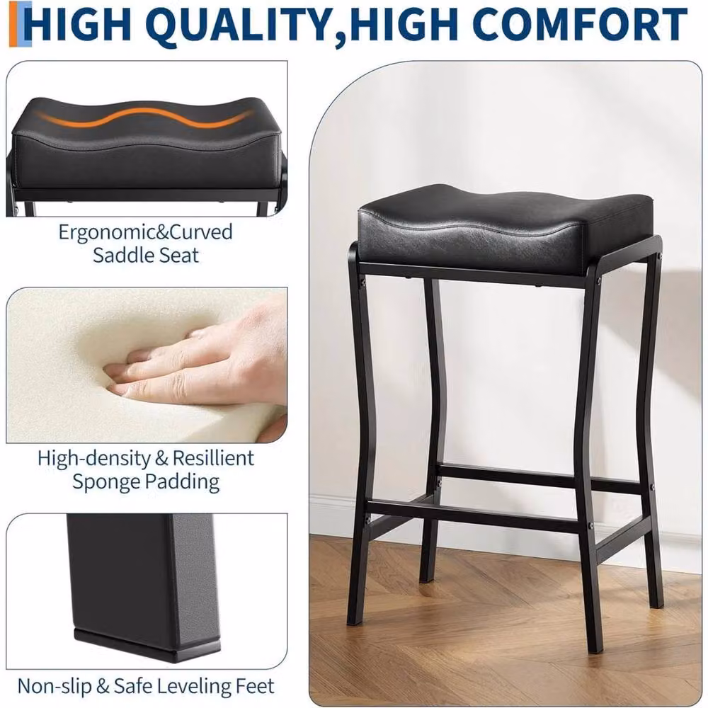 VOGREX Set of 4 Modern Metal Bar Stools in Black with Synthetic Leather Seats – 4