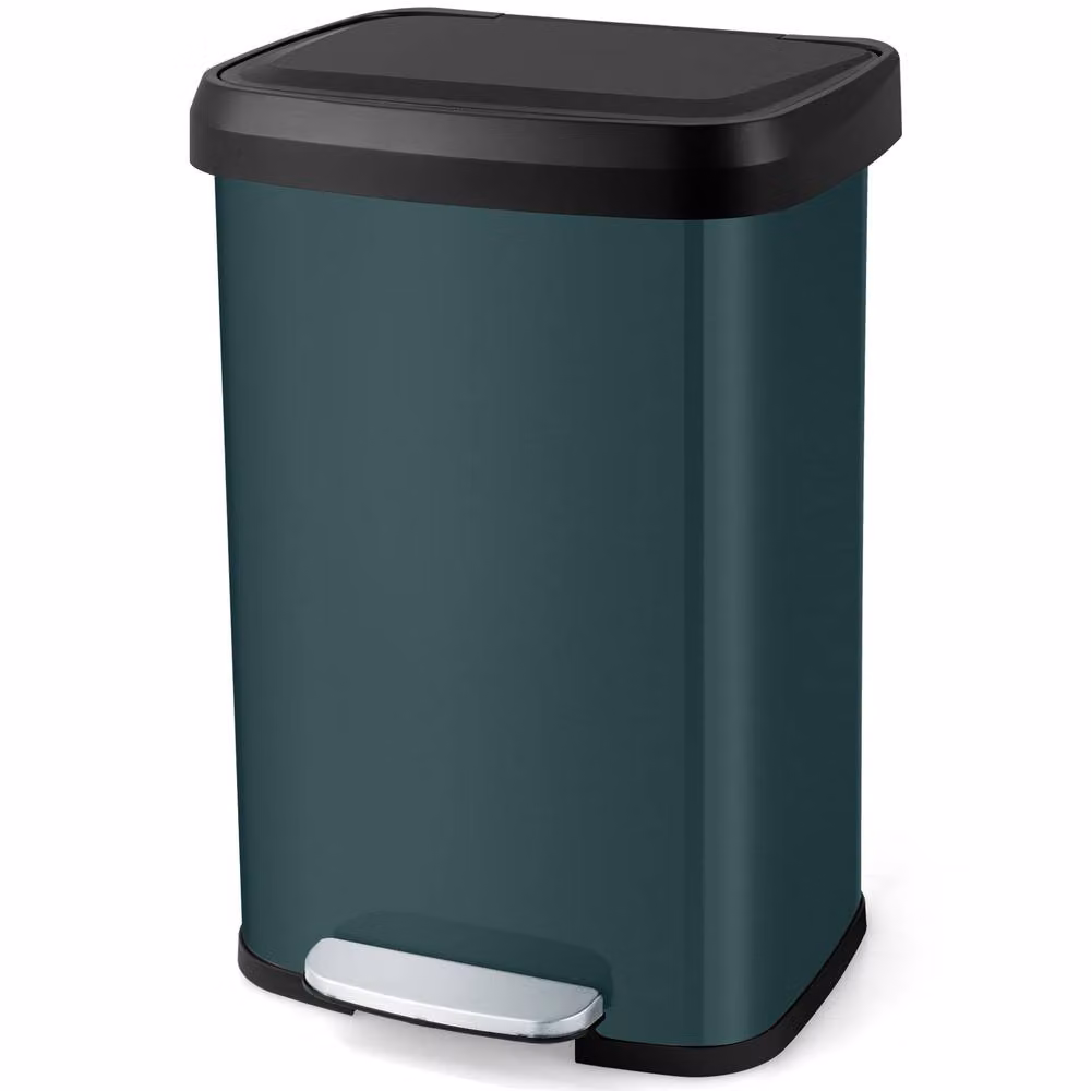 Gymax 50L Stainless Steel Corner Step Trash Can with Soft Close and Odour Filter in Dark Green – 2
