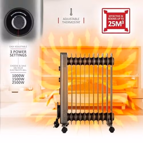 Netta 2500W Electric Oil Filled Radiator with Thermostat and 24 Hour Timer, Silver Grey – 4