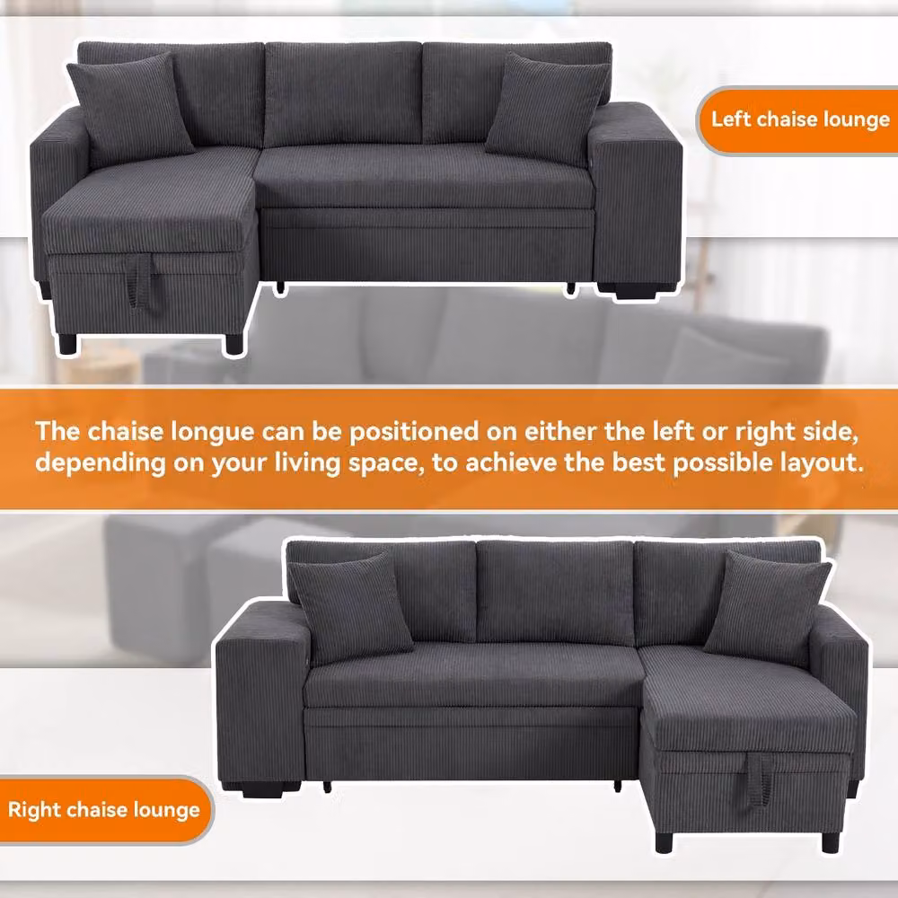 Rolipo Grey Corduroy L-Shaped Pull-Out Sofa Bed with USB Charging and Storage – 5