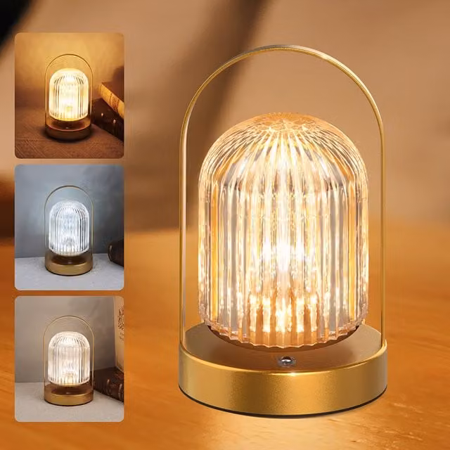 Livingandhome Rechargeable Crystal Bell LED Table Lamp, 3-Colour Dimmable, Gold, W/D/H: 20.0 x 12.0 x 12.0 cm