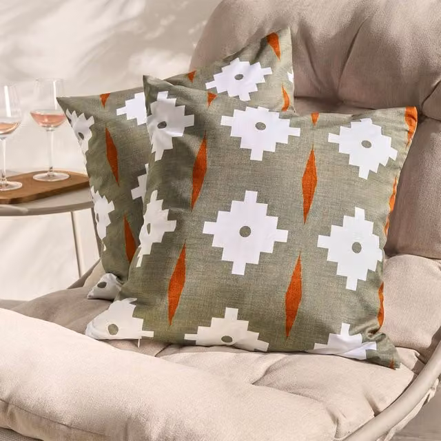 OHS Set of 2 Geometric Outdoor Garden Cushion Covers, Olive Green, W/D/H: 45 x 45 x 45 cm