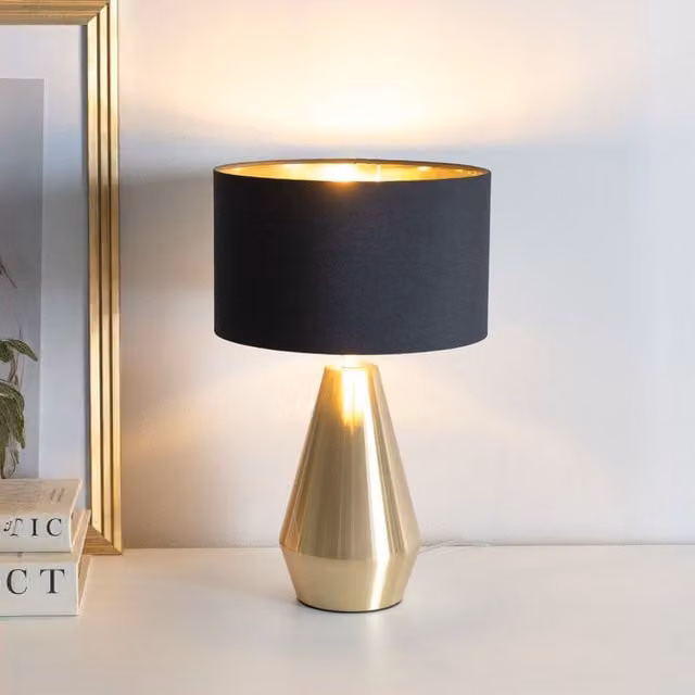 ValueLights Jax Antique Brass Dimmable Touch Table Lamp with Fabric Cylinder Shade and Warm White Bulb in Black and Gold